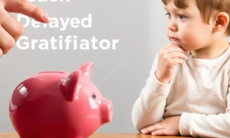 A child looking thoughtfully at a piggy bank while an adult's hand points to it, symbolizing teaching delayed gratification