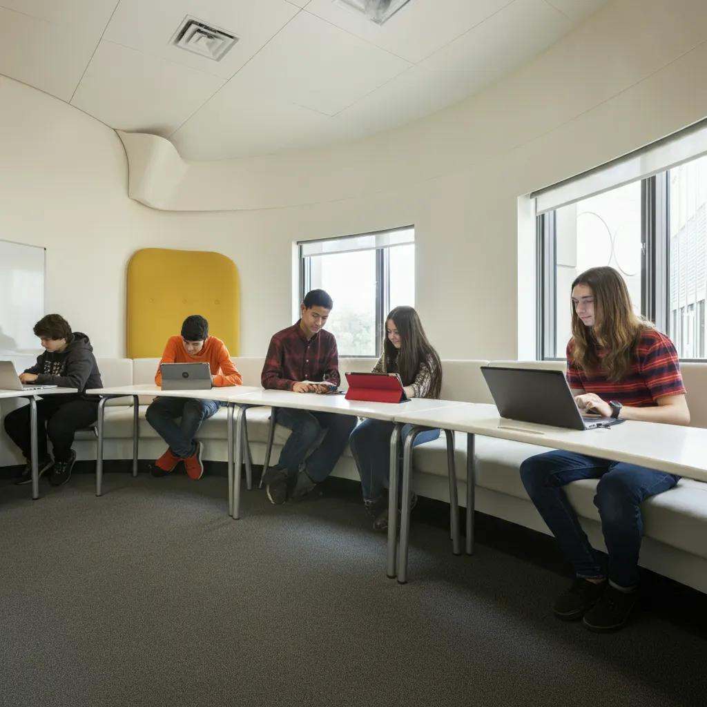 A diverse group of students using tablets and laptops in a modern classroom setting