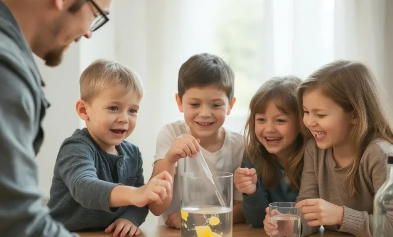 A family gathered around a table, excited children and parents performing a colorful science experiment