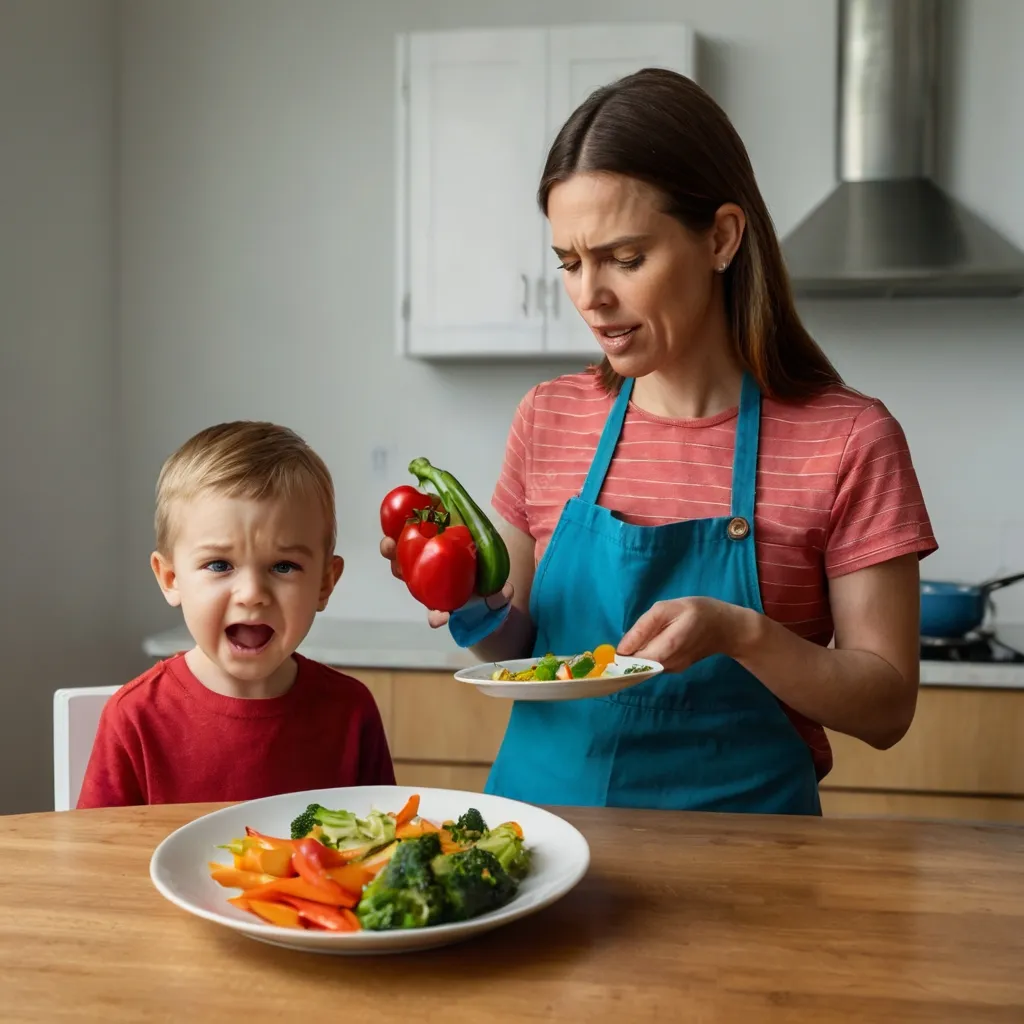 A frustrated parent offering a plate of colorful vegetables to a reluctant child