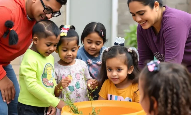Diverse group of children and parents engaged in a community volunteer activity
