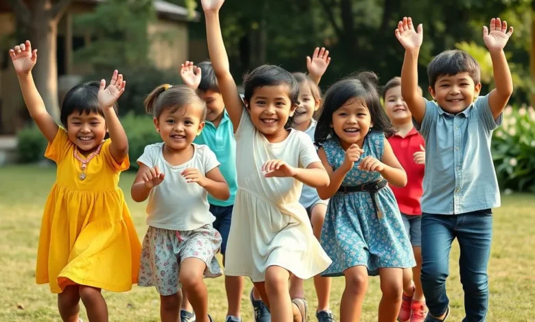 Diverse group of children playing and exercising together outdoors, smiling and having fun