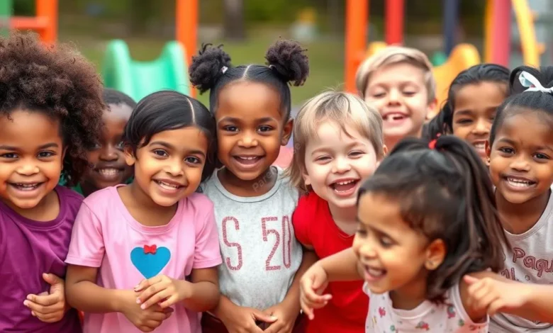 Diverse group of smiling children from various cultural backgrounds playing together in a colorful playground
