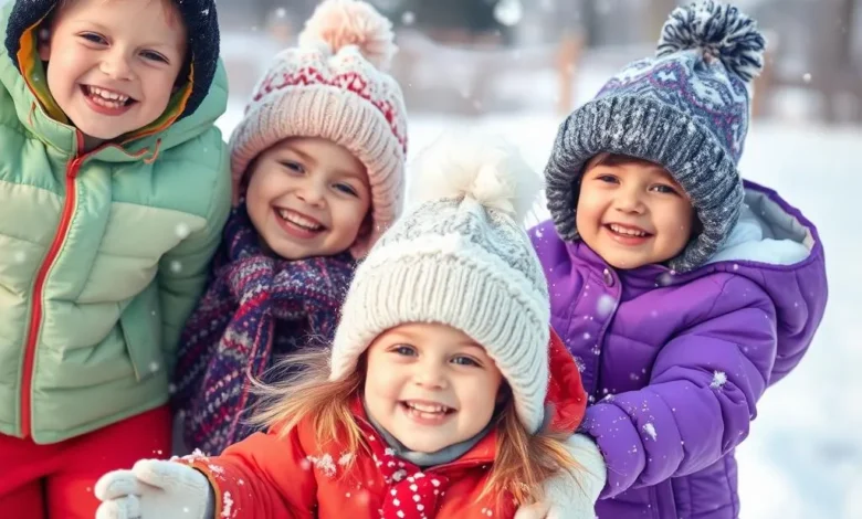 Happy children playing in the snow, bundled up in winter gear