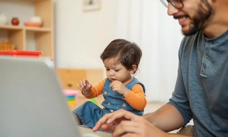 A parent working on a laptop while their child plays nearby