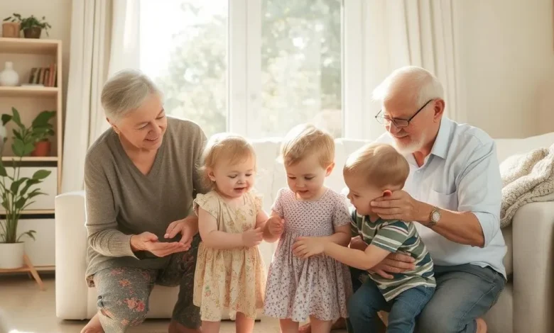 A warm, candid moment of grandparents playing with grandchildren in a sunlit living room
