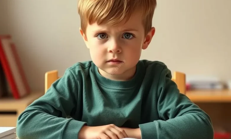 A child sitting at a desk, looking frustrated while doing homework