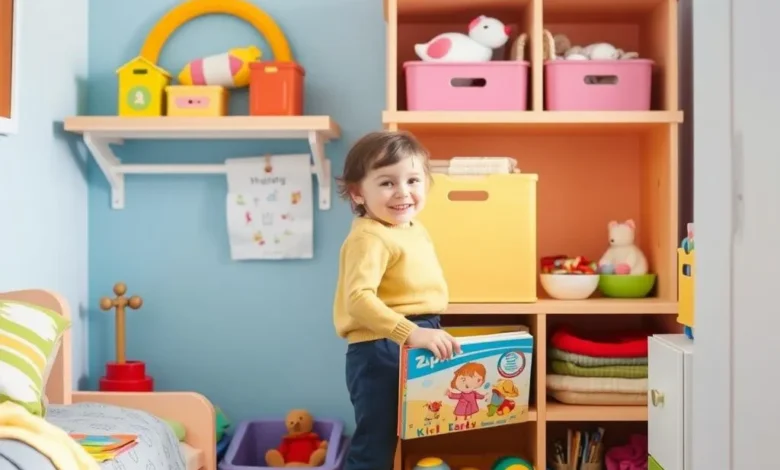 A child's colorful, well-organized bedroom with toys neatly stored and a smiling child putting away a book