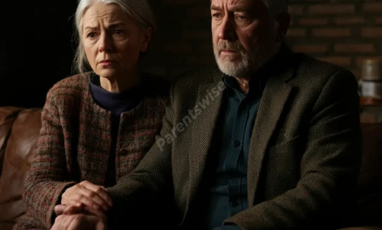 A couple sitting together on a couch, looking concerned and supportive of each other