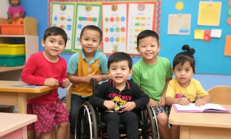 A diverse group of children, including one in a wheelchair, happily studying together in a colorful classroom