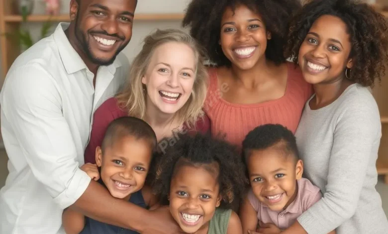 A diverse group of happy adoptive families embracing, showing different races and family structures