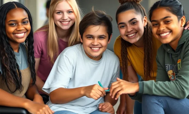 A diverse group of smiling teenagers, including one in a wheelchair and one with Down syndrome, working together on a project