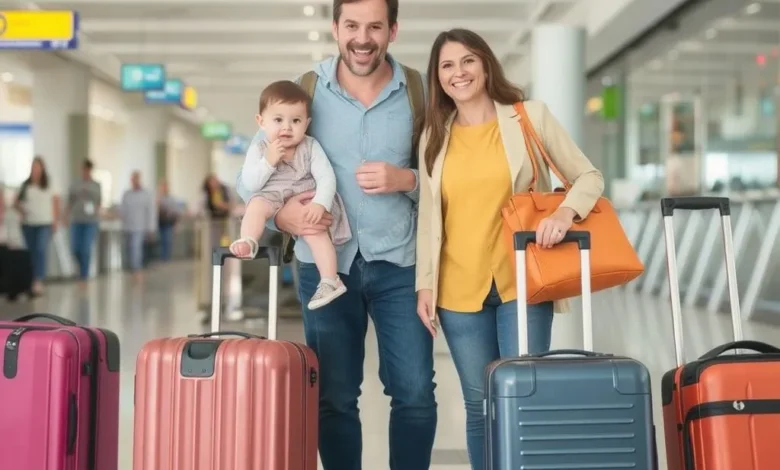 A happy family with a toddler at an airport, carrying colorful luggage and looking excited