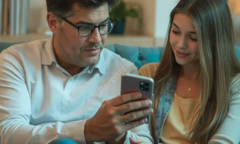 A parent and teenager sitting together looking at a phone, engaged in conversation, warm lighting
