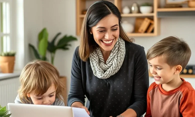 A smiling parent efficiently managing multiple tasks while spending quality time with children