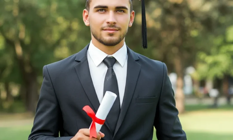 A young graduate confidently looking towards the future, holding a diploma in one hand and a briefcase in the other