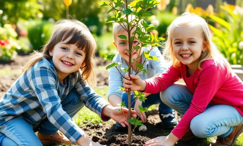 Happy children planting a tree together in a sunny garden
