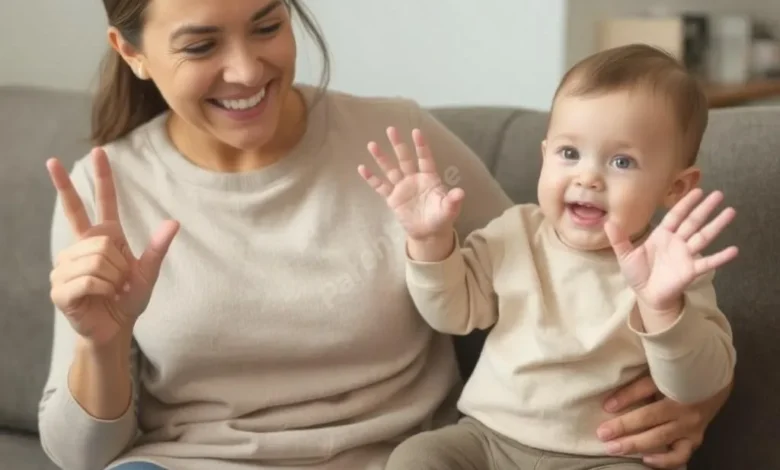 A smiling mother teaching a happy baby simple hand signs while sitting on a couch