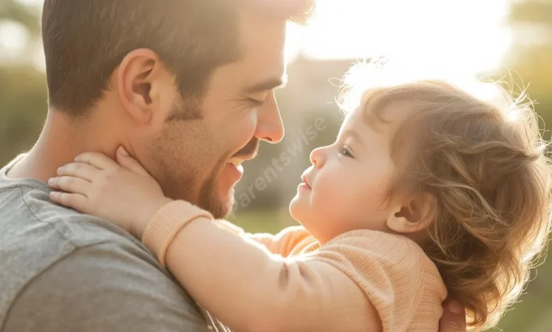 A parent and child sharing a warm embrace while making eye contact, natural lighting