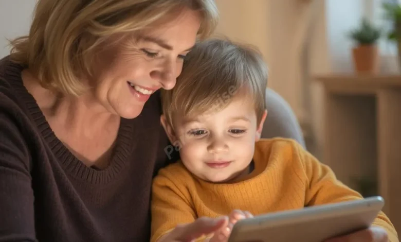 Caring parent and special needs child looking at tablet together, warm lighting