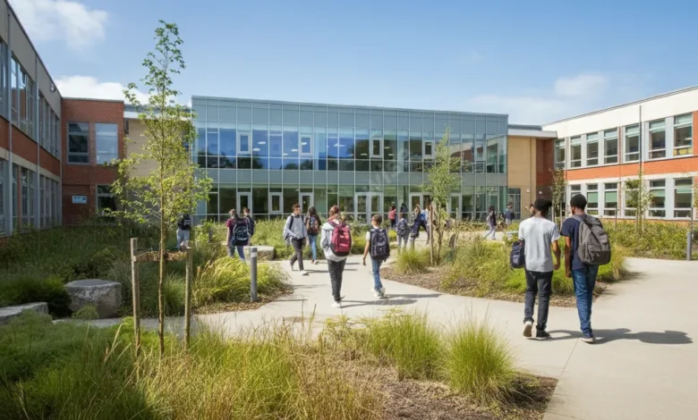 Modern school building with diverse students walking through vibrant campus gardens