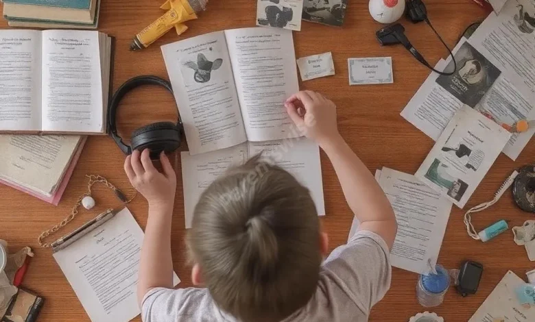 A student doing homework with various learning tools spread around - books, headphones, and hands-on materials on a desk