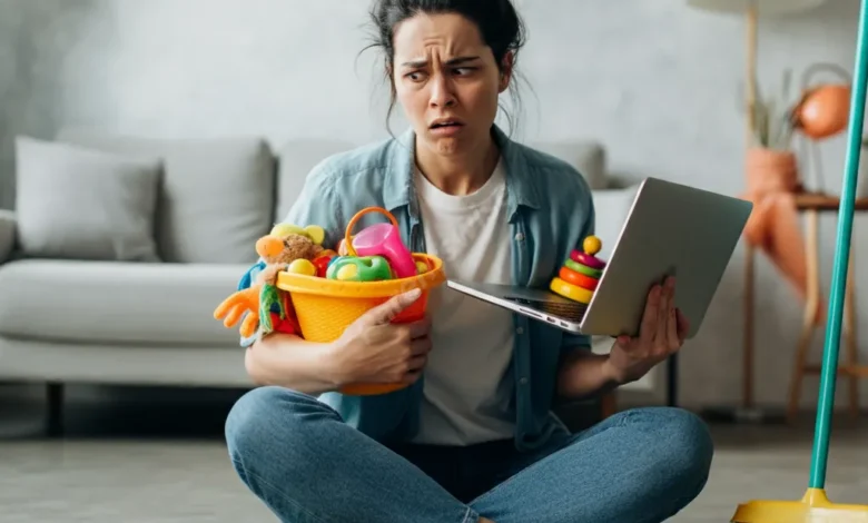 A parent looking overwhelmed while juggling baby toys, work laptop, and household chores