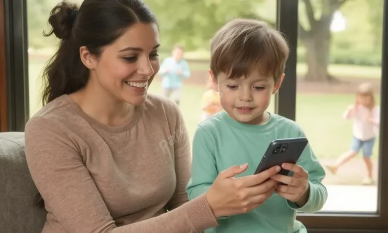 A parent and child looking at a smartphone together, with friends playing in a park visible through a window behind them