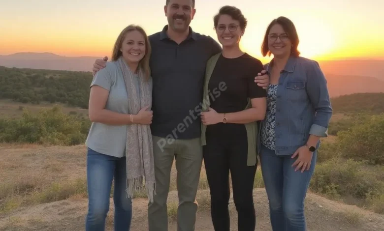 A family of four, standing together with confident poses and warm smiles against a sunrise backdrop