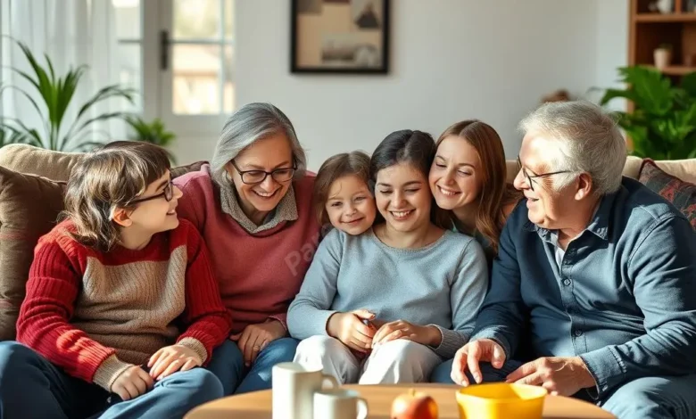 A multi-generational family sharing a warm moment in a living room, natural lighting