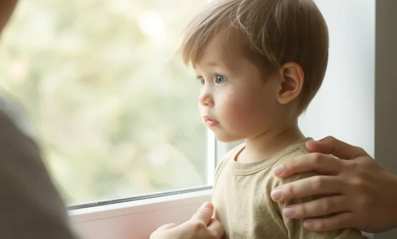 A concerned child looking out a window at nature, with a caring parent's hand on their shoulder, soft natural lighting