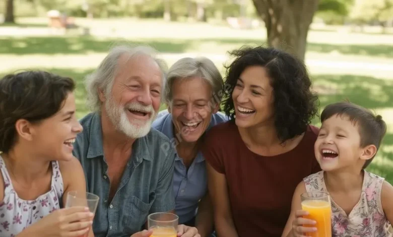 A multi-generational family laughing together during a weekend picnic in a sunny park