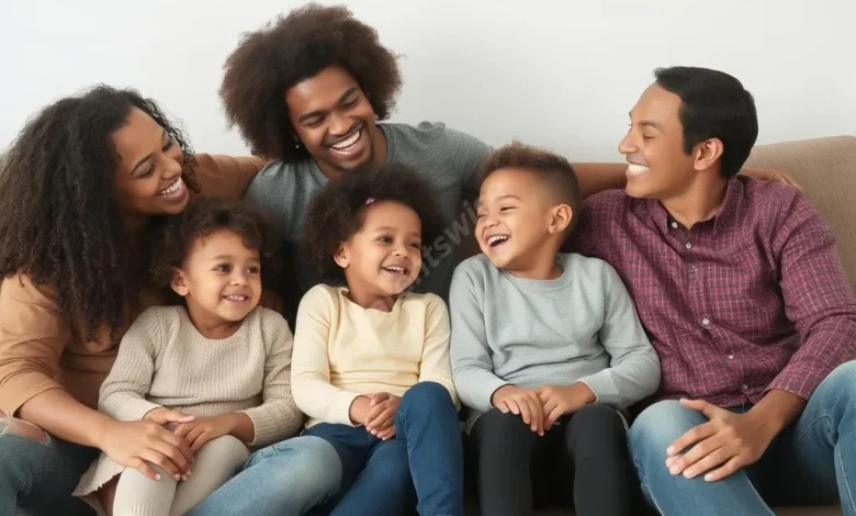 A diverse happy family sitting together on a couch, laughing and embracing naturally