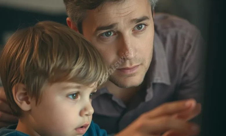 A worried parent looking over the shoulder of a child intensely focused on a gaming screen