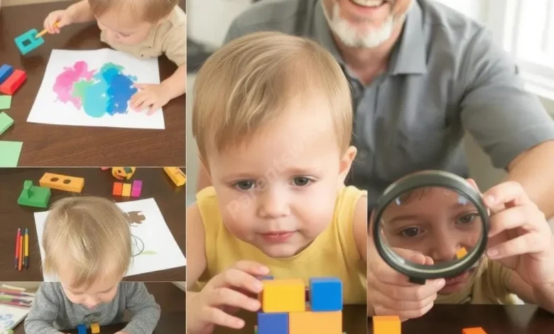 Child exploring talents in painting, building, and science with proud parent watching