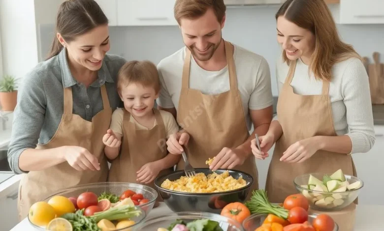 A happy family preparing a colorful, healthy meal together in a bright kitchen