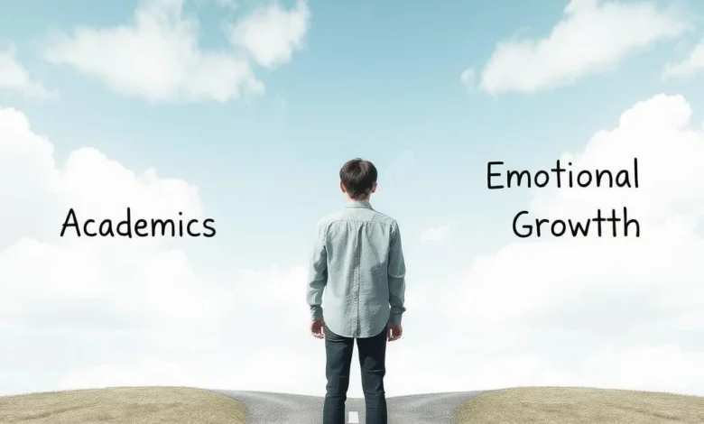 A student standing at a crossroads, with one path labeled "Academics" and the other "Emotional Growth"