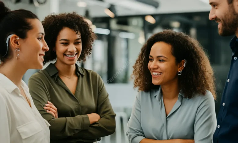 A diverse group of smiling professionals collaborating in a modern, bright office space