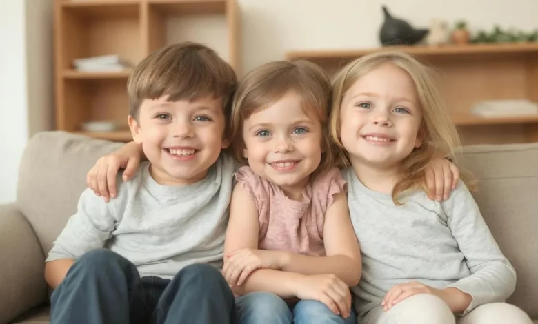Thre smiling children, a boy and two girls, sitting together on a couch, arms around each other's shoulders