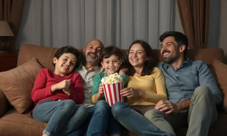 A happy family cuddled on a couch, watching a movie with popcorn