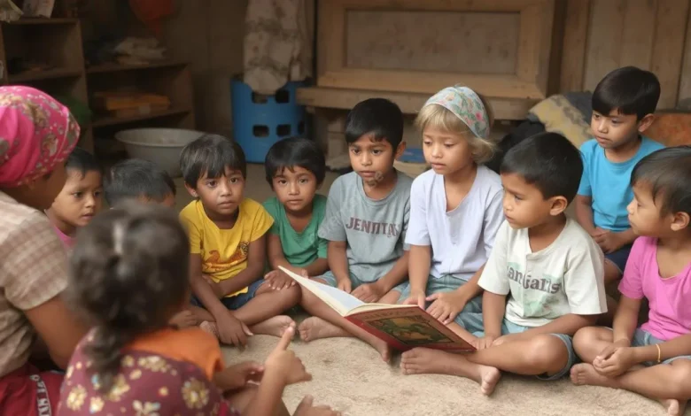 A diverse group of children sitting in a circle, listening intently to an elder telling a story